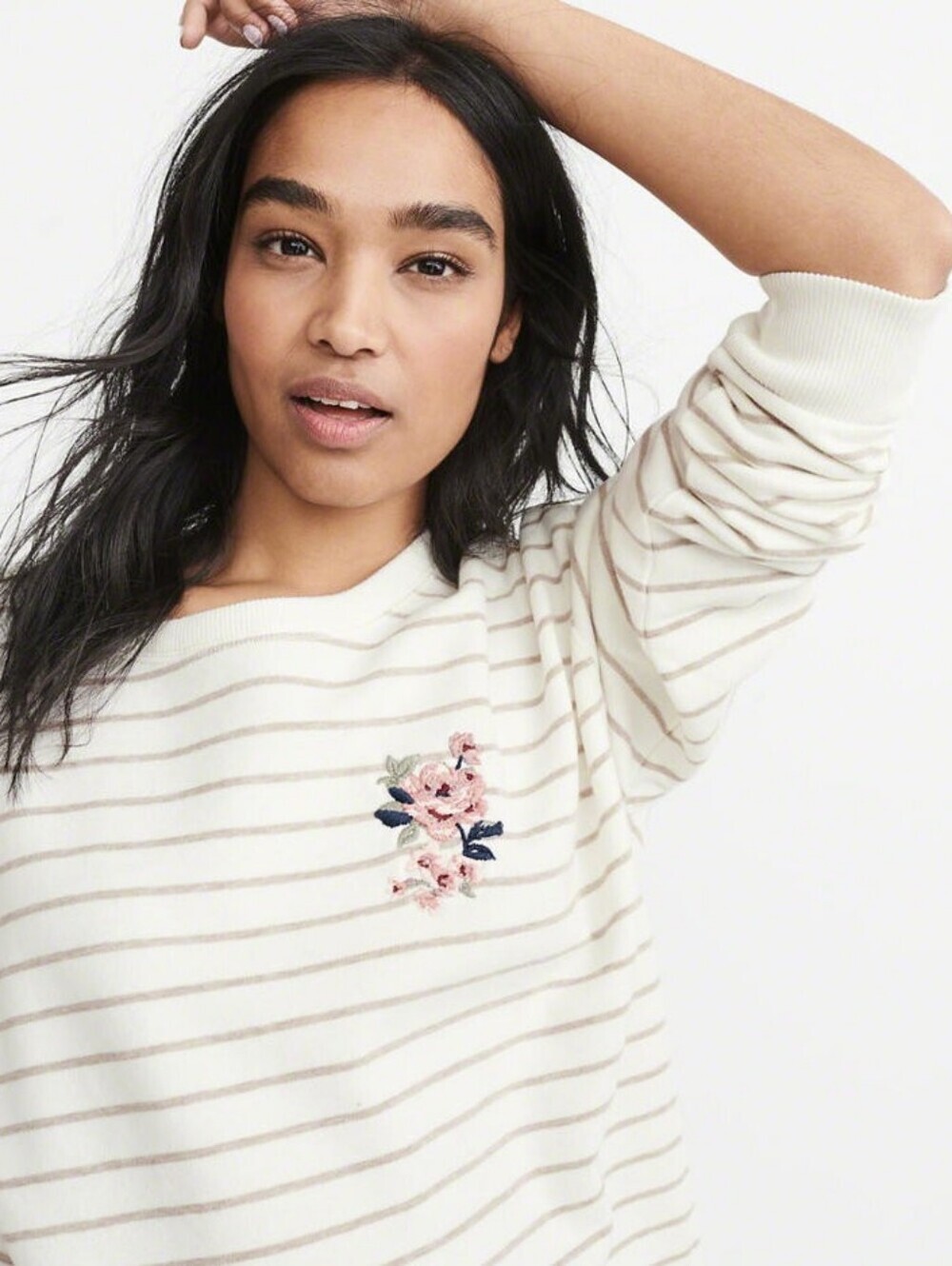 A&F Striped Cream Floral Embroidered Sweatshirt